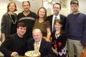 Larry Munson's 90th: L to R- Erika, Steve, Kitty, Shipley, Joe: front - Paul, Larry, Nicola