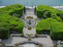 looking down at the front garden from the top story of Villa Carlotta